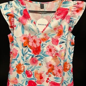 SHEIN Floral V-Neck Blouse - Pink and Blue